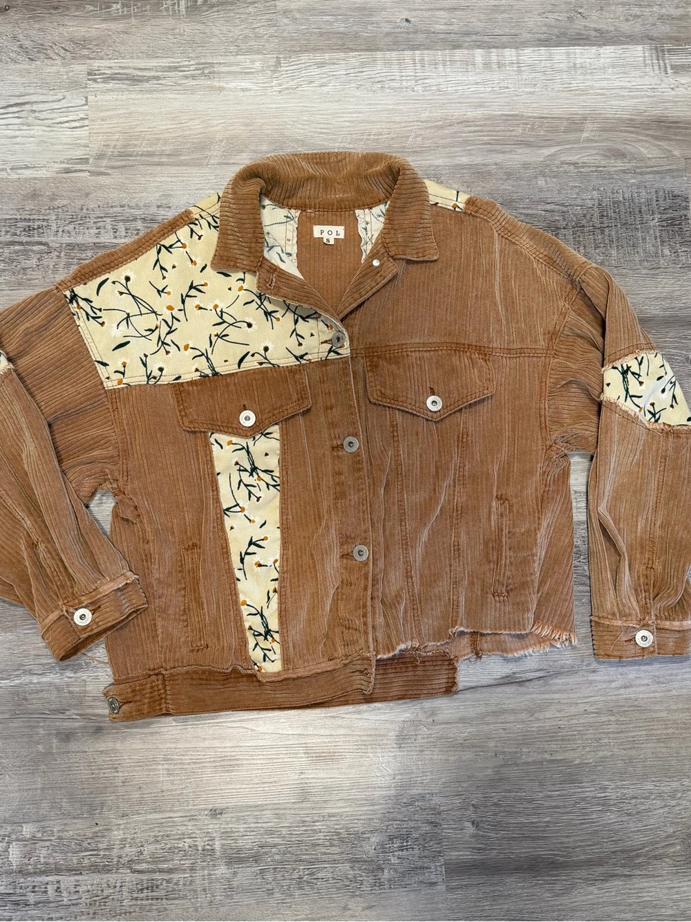 POL Oversized Corduroy Distressed Patchwork Floral Shacket Boho Raw Edge Jacket - Picture 4 of 12